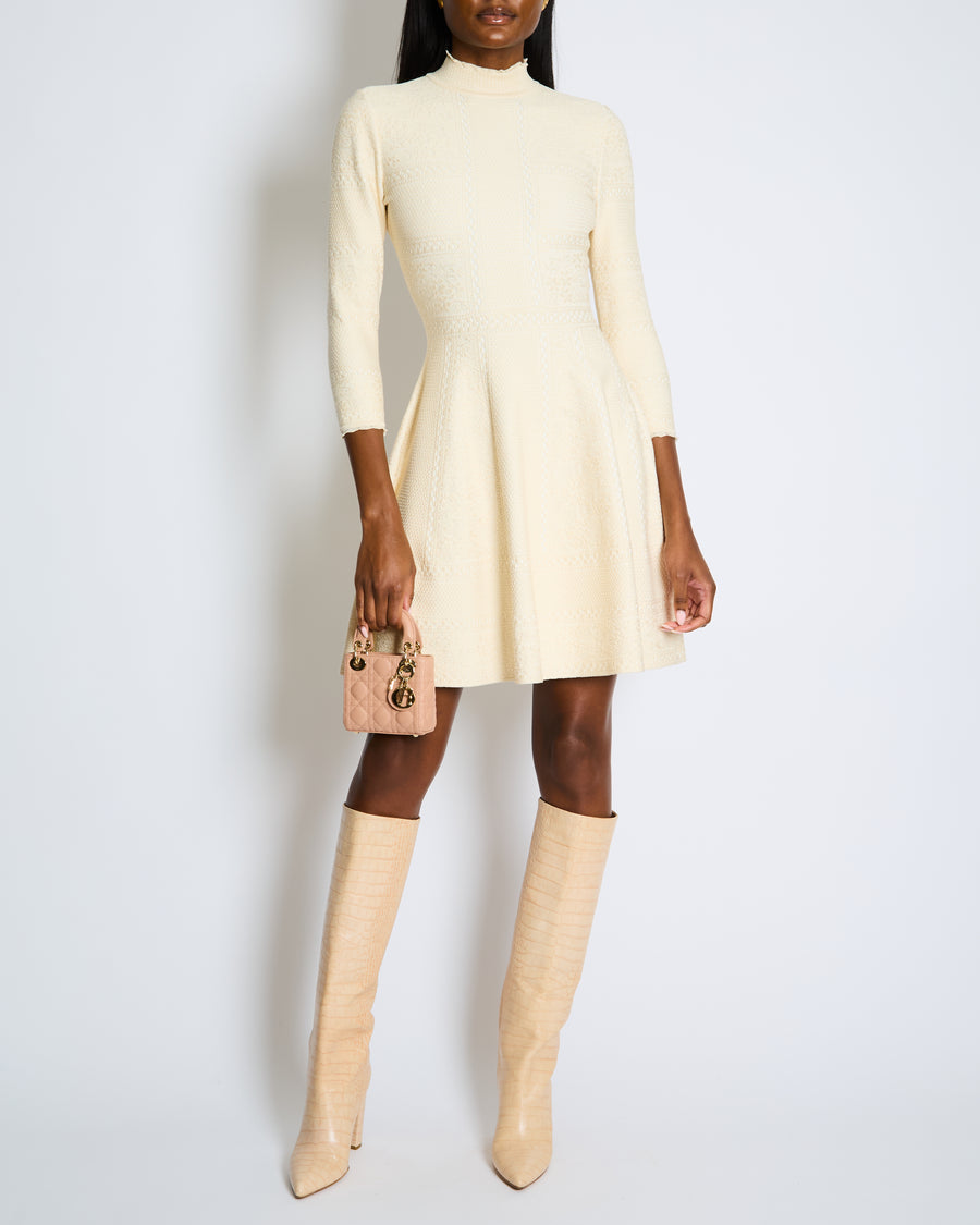Alexander McQueen Textured Ecru Mid-Length High-Neck Dress Size UK 8