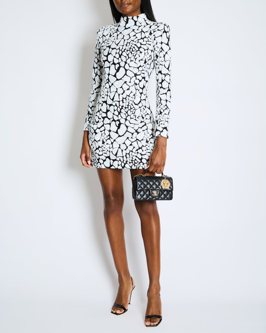 Balmain Black & White Long-Sleeve Sequined-Embellished Mini Dress Size – Sellier