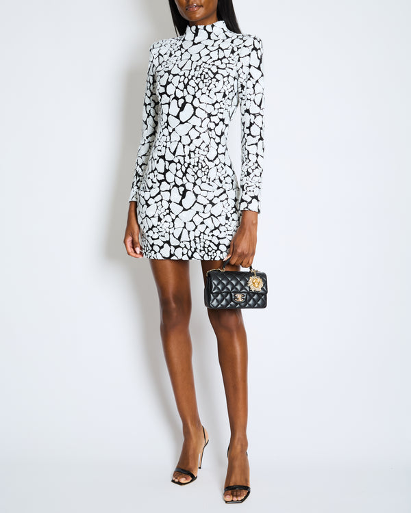 Balmain Black & White Long-Sleeve Sequined-Embellished Mini Dress Size FR 38 (UK 10)