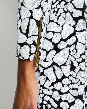 Balmain Black & White Long-Sleeve Sequined-Embellished Mini Dress Size FR 38 (UK 10)