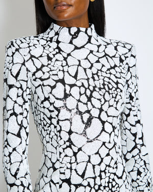 Balmain Black & White Long-Sleeve Sequined-Embellished Mini Dress Size FR 38 (UK 10)