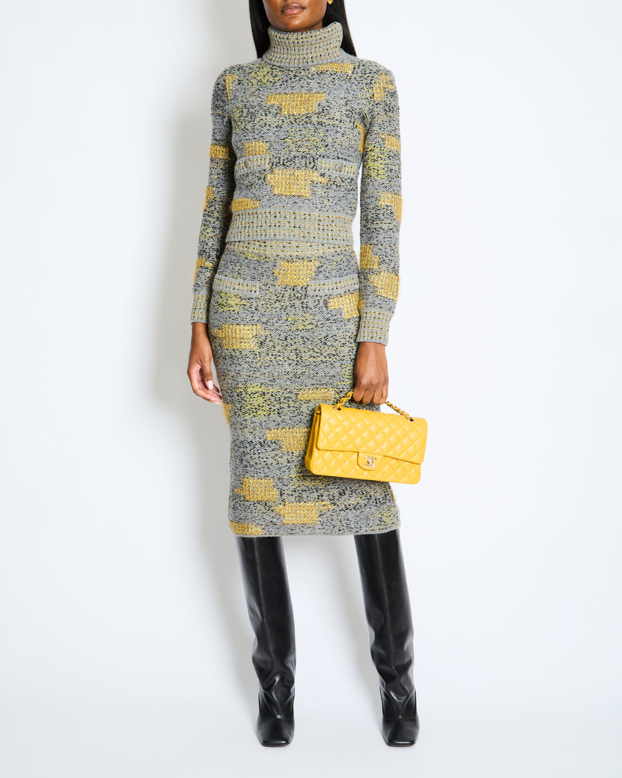 Chanel FW 2013/2014 Grey Long Sleeve Jumper and Pencil Skirt Set with Silver CC Buttons Detail Size FR 36 (UK 8)