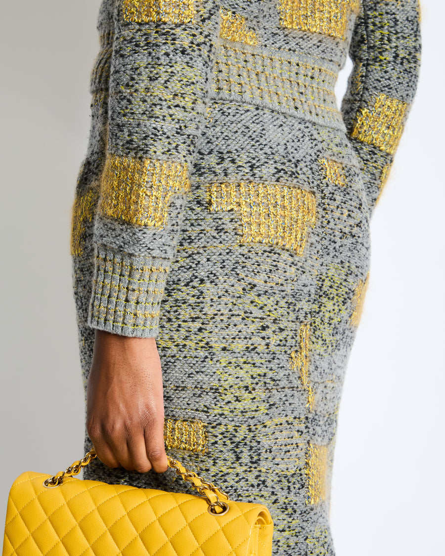 Chanel FW 2013/2014 Grey Long Sleeve Jumper and Pencil Skirt Set with Silver CC Buttons Detail Size FR 36 (UK 8)