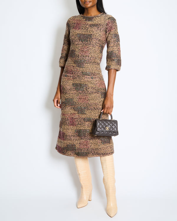 Chanel Brown, Purple & Black Tweed Wool Long Sleeve Dress with Pocket Detail Size FR 38 (UK 10)