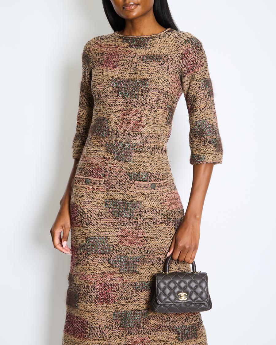 Chanel Brown, Purple & Black Tweed Wool Long Sleeve Dress with Pocket Detail Size FR 38 (UK 10)
