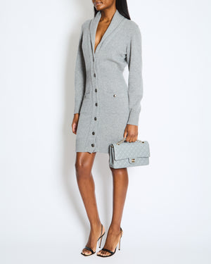 Chanel Grey Cashmere Long Cardigan with Silver CC Buttons Size FR 36 (UK 8)