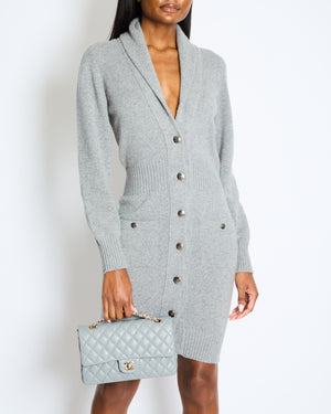 Chanel Grey Cashmere Long Cardigan with Silver CC Buttons Size FR 36 (UK 8)