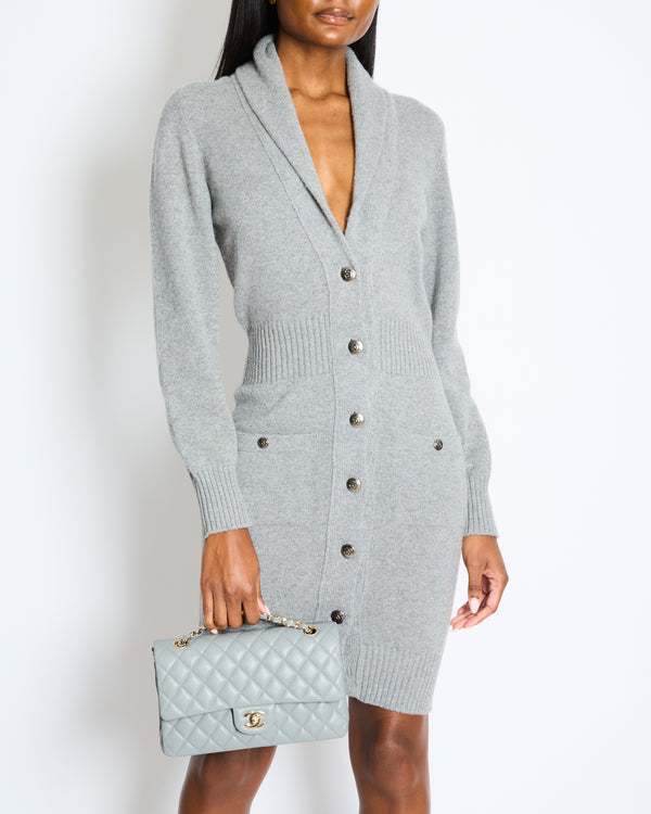 Chanel Grey Cashmere Long Cardigan with Silver CC Buttons Size FR 36 (UK 8)