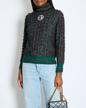Chanel Grey Cable-Knit Cashmere Jumper with Embroidered Details and Floral Brooch Size FR 36 (UK 8)