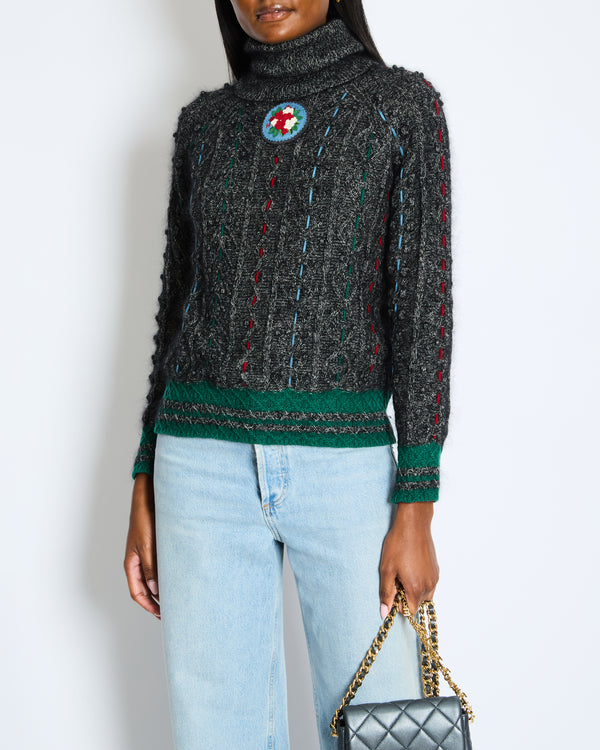 Chanel Grey Cable-Knit Cashmere Jumper with Embroidered Details and Floral Brooch Size FR 36 (UK 8)