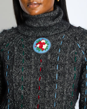 Chanel Grey Cable-Knit Cashmere Jumper with Embroidered Details and Floral Brooch Size FR 36 (UK 8)