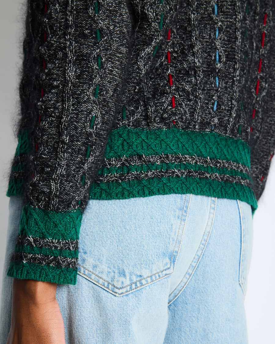 Chanel Grey Cable-Knit Cashmere Jumper with Embroidered Details and Floral Brooch Size FR 36 (UK 8)