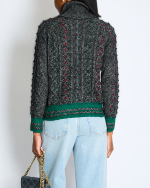Chanel Grey Cable-Knit Cashmere Jumper with Embroidered Details and Floral Brooch Size FR 36 (UK 8)