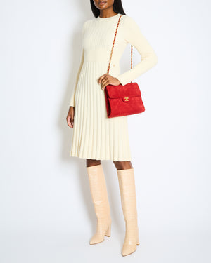 Chanel Ecru Wool Long-Sleeve Ribbed Knit Dress with Coco Brooch Size FR 34 (UK 6)