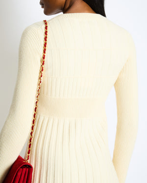 Chanel Ecru Wool Long-Sleeve Ribbed Knit Dress with Coco Brooch Size FR 34 (UK 6)