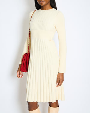 Chanel Ecru Wool Long-Sleeve Ribbed Knit Dress with Coco Brooch Size FR 34 (UK 6)