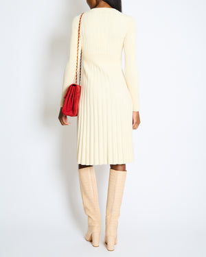 Chanel Ecru Wool Long-Sleeve Ribbed Knit Dress with Coco Brooch Size FR 34 (UK 6)