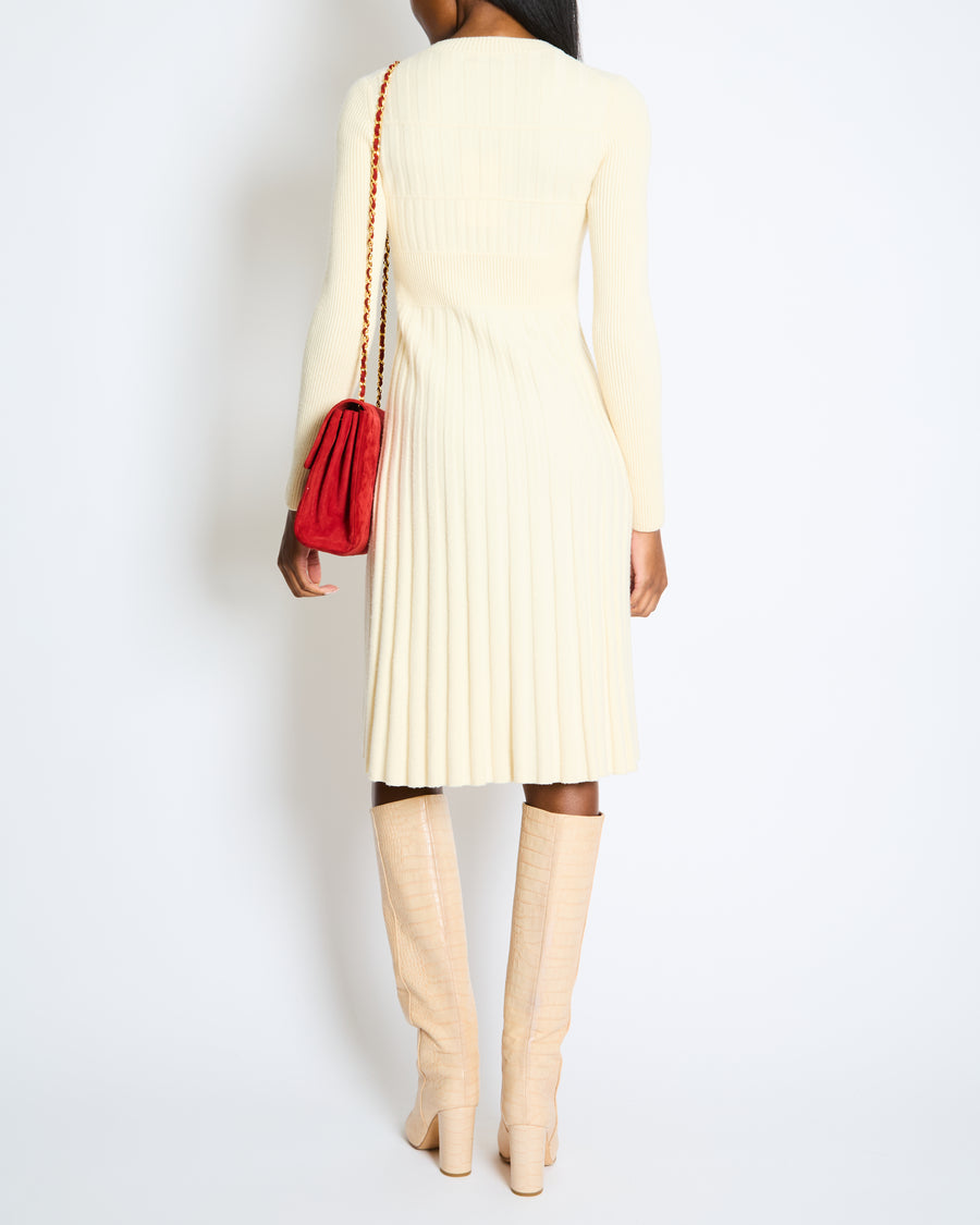 Chanel Ecru Wool Long-Sleeve Ribbed Knit Dress with Coco Brooch Size FR 34 (UK 6)