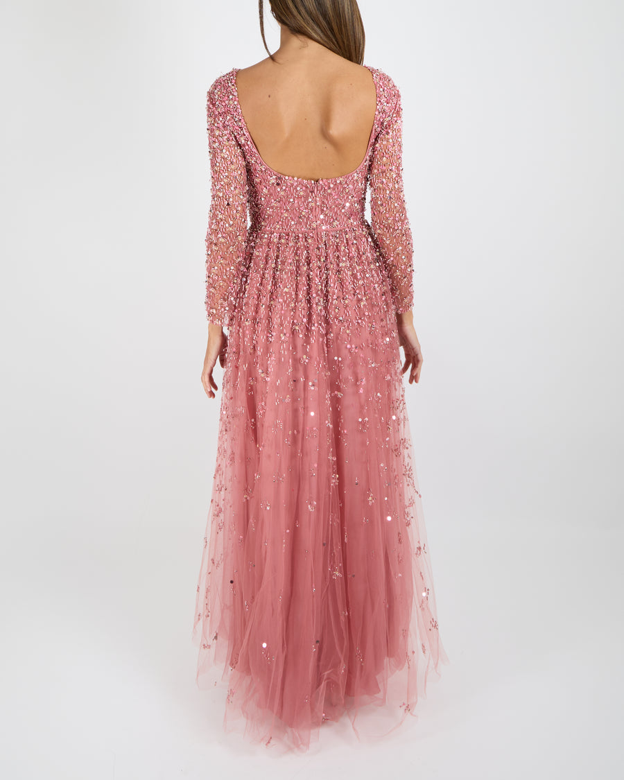 Valentino Pink Tulle Long Sleeved Gown with Crystal and Flower Embellishments Size IT 38 (UK 6)