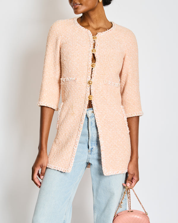 Chanel Pink and White Tweed Embellished Buttons Jacket with Pockets Size FR 34 (UK 6)