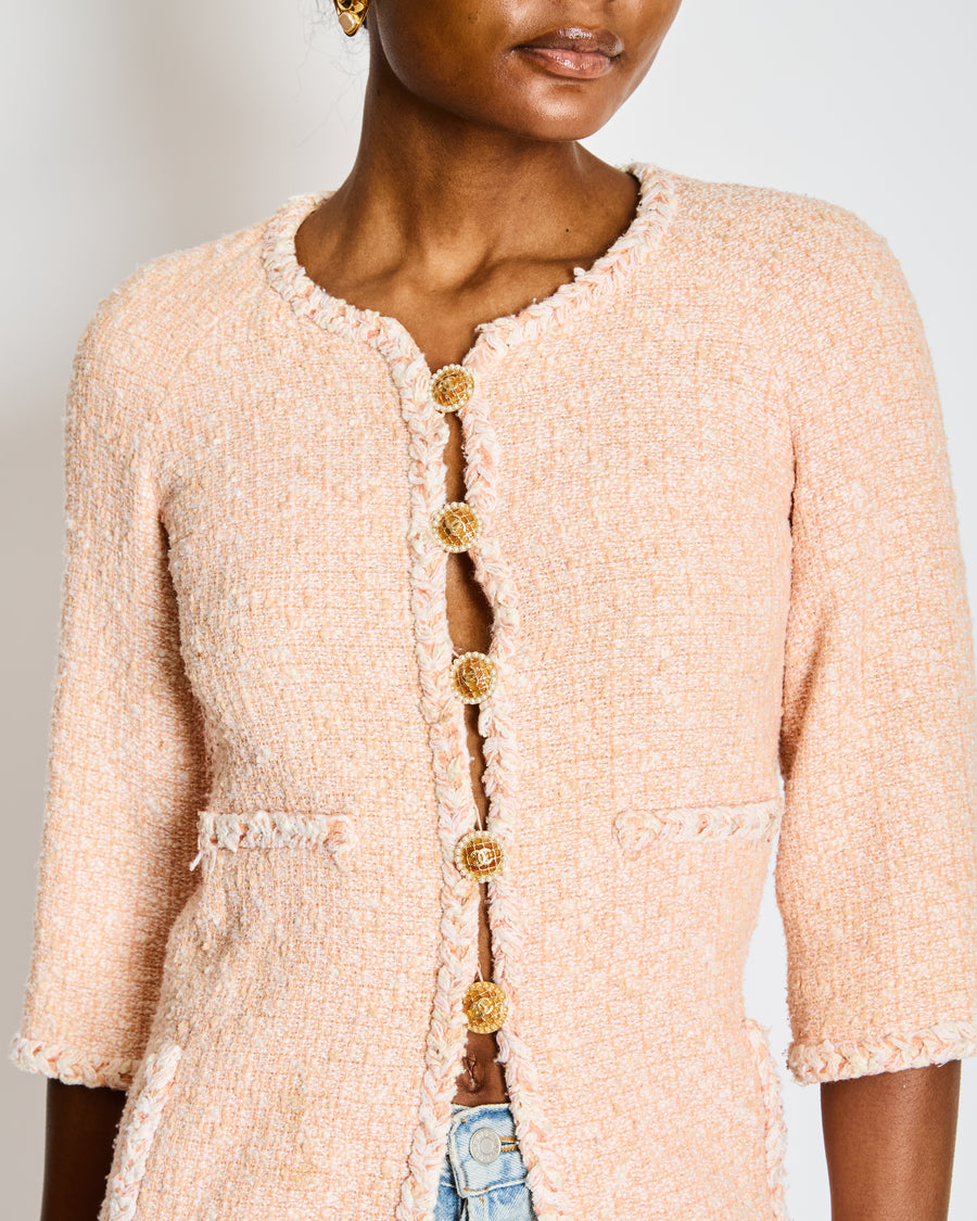 Chanel Pink and White Tweed Embellished Buttons Jacket with Pockets Size FR 34 (UK 6)