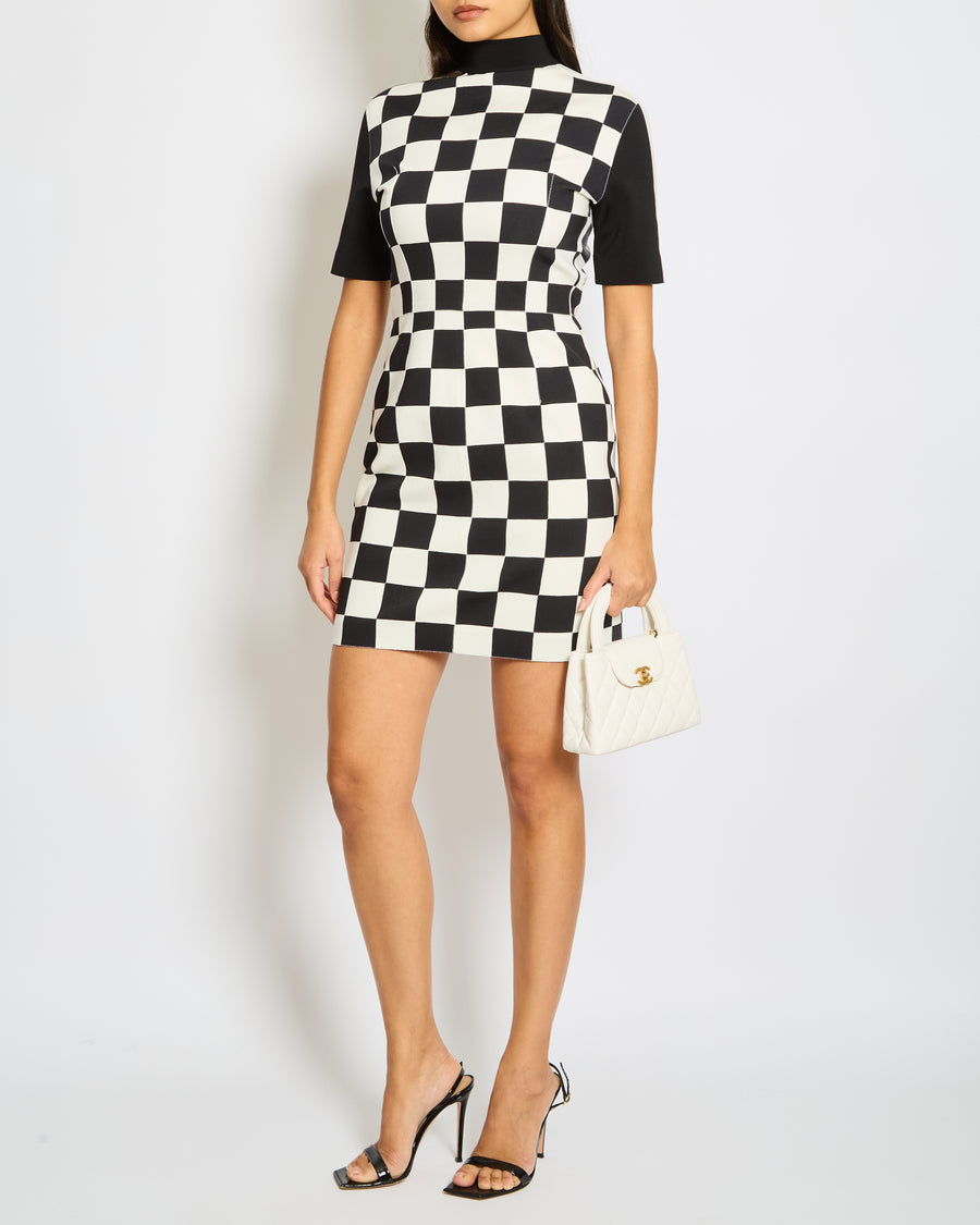Louis Vuitton Black and White Checkered Mini Dress with Brown Monogram