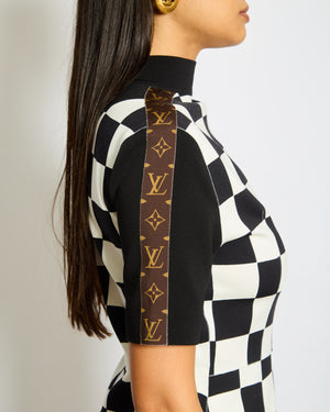 Louis Vuitton Black and White Checkered Mini Dress with Brown Monogram Sellier Louis Vuitton Black and White Checkered Mini Dress with Brown Monogram Sellier
