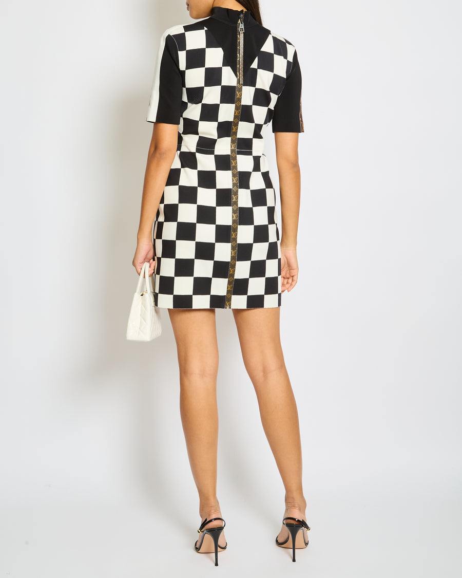 Louis Vuitton Black and White Checkered Mini Dress with Brown Monogram