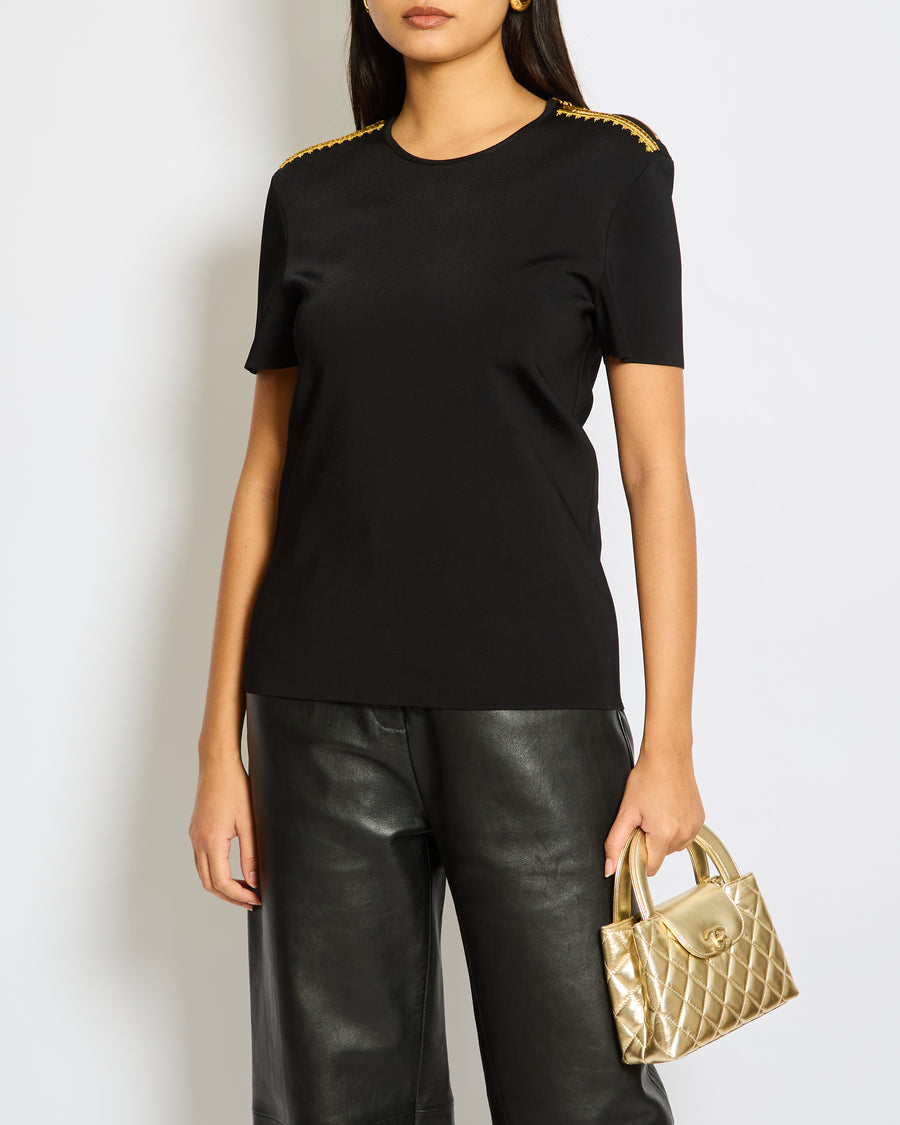 Louis Vuitton Black Short Sleeved Top with Gold Sequin Embroideries and Zipper Detail Size S (UK 8)