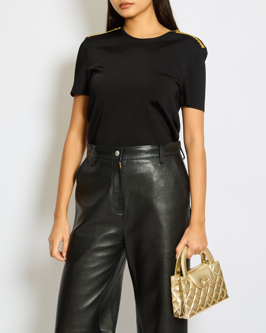 Louis Vuitton Black Short Sleeved Top with Gold Sequin Embroideries and Zipper Detail Size S (UK 8)