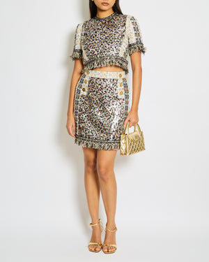 Ralph & Russo Black and Multi-Colour Tweed Sequin Top and Mini Skirt Set with Textured Gold Buttons Size FR 38/40 (UK 10/12)