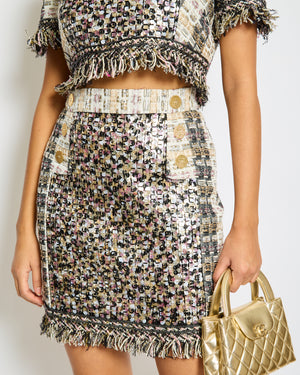 Ralph & Russo Black and Multi-Colour Tweed Sequin Top and Mini Skirt Set with Textured Gold Buttons Size FR 38/40 (UK 10/12)