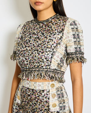 Ralph & Russo Black and Multi-Colour Tweed Sequin Top and Mini Skirt Set with Textured Gold Buttons Size FR 38/40 (UK 10/12)