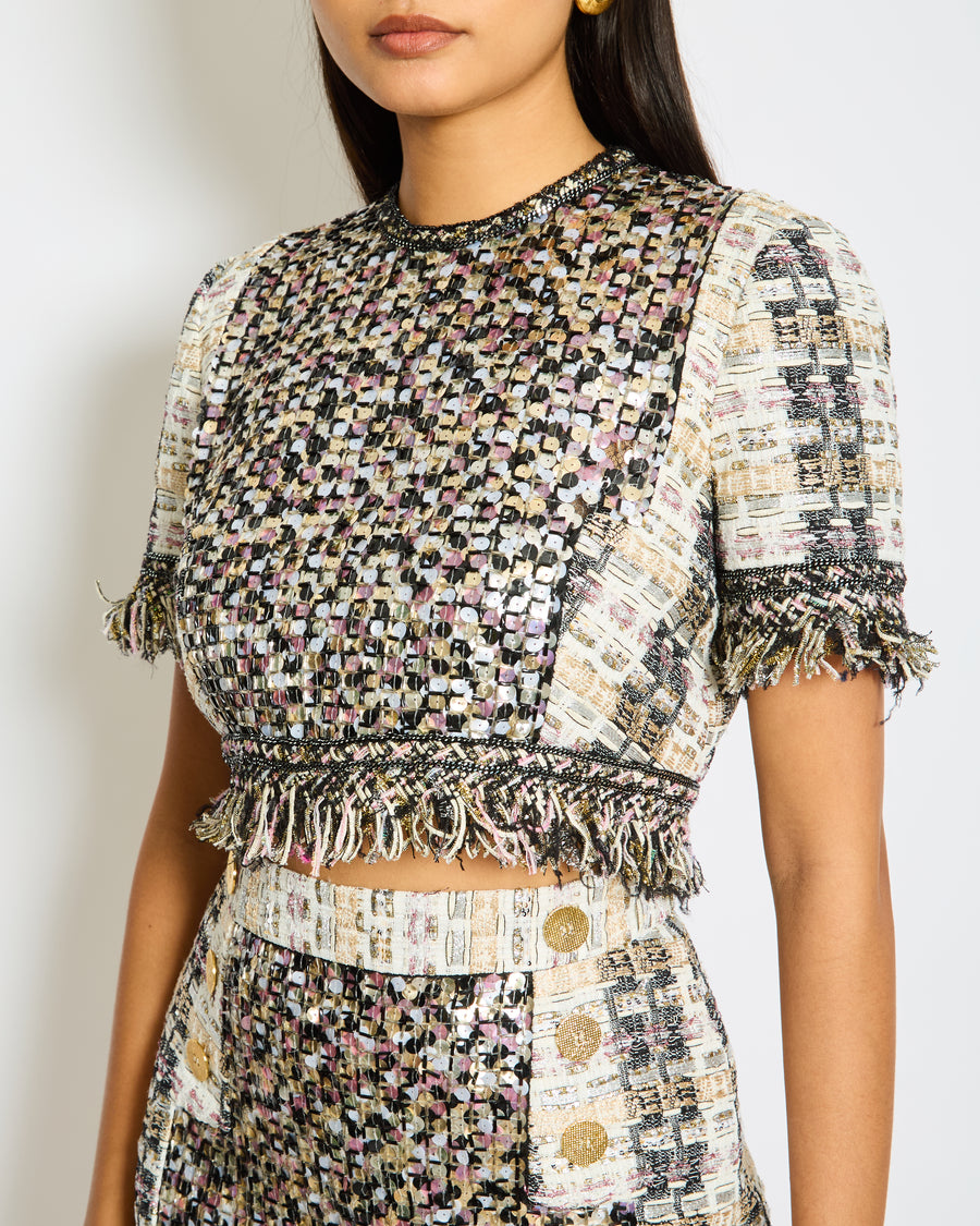 Ralph & Russo Black and Multi-Colour Tweed Sequin Top and Mini Skirt Set with Textured Gold Buttons Size FR 38/40 (UK 10/12)