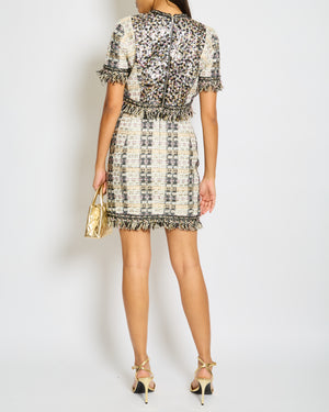 Ralph & Russo Black and Multi-Colour Tweed Sequin Top and Mini Skirt Set with Textured Gold Buttons Size FR 38/40 (UK 10/12)