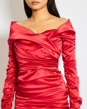 Dolce & Gabbana Red Silk Draped Mini Dress with Rouched Sleeves Detail Size IT 42 (UK 10)