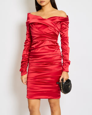 Dolce & Gabbana Red Silk Draped Mini Dress with Rouched Sleeves Detail Size IT 42 (UK 10)