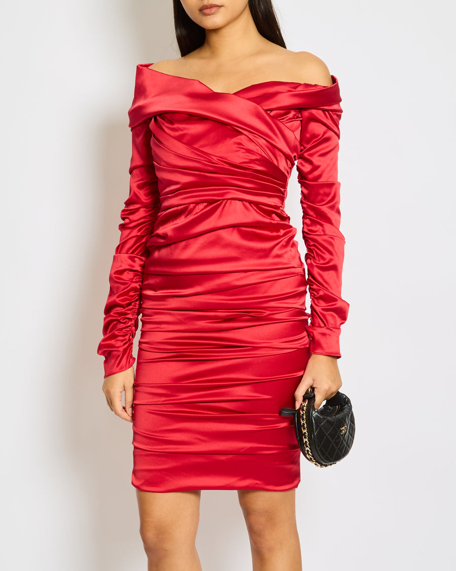 Dolce & Gabbana Red Silk Draped Mini Dress with Rouched Sleeves Detail Size IT 42 (UK 10)
