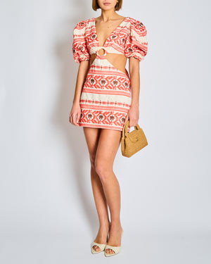 Johanna Ortiz Red and White Valle Sagrado Mini Dress with Palm Tree Embroidery Size US 2 (UK 6)