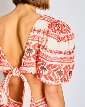 Johanna Ortiz Red and White Valle Sagrado Mini Dress with Palm Tree Embroidery Size US 2 (UK 6)