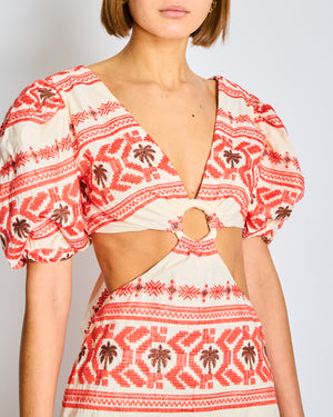 Johanna Ortiz Red and White Valle Sagrado Mini Dress with Palm Tree Embroidery Size US 2 (UK 6)