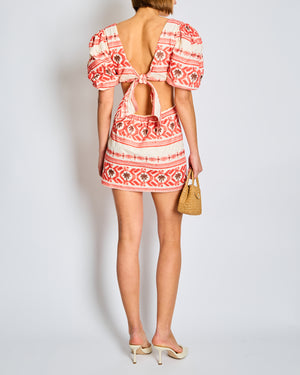 Johanna Ortiz Red and White Valle Sagrado Mini Dress with Palm Tree Embroidery Size US 2 (UK 6)