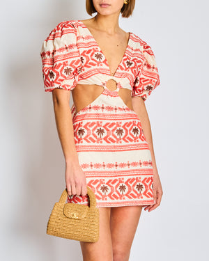 red palm tree mini dress 90's Vintage Red Tropical Palm Tree Print Sleeveless Bodycon Mini Dress SMALL Waikiki Hawaii