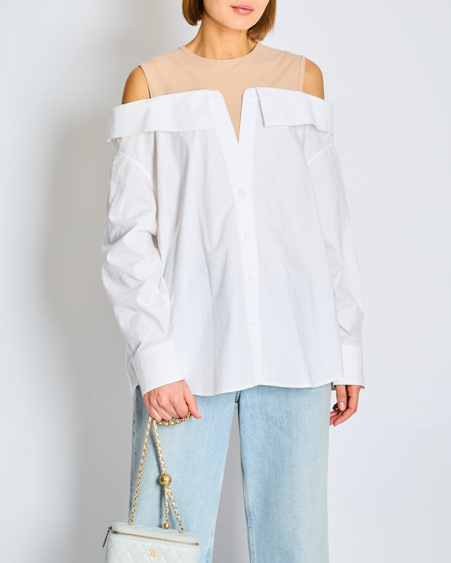 Valentino White Off the Shoulder Cotton Button Down Shirt with Nude Lining Size IT 42 (UK 10)