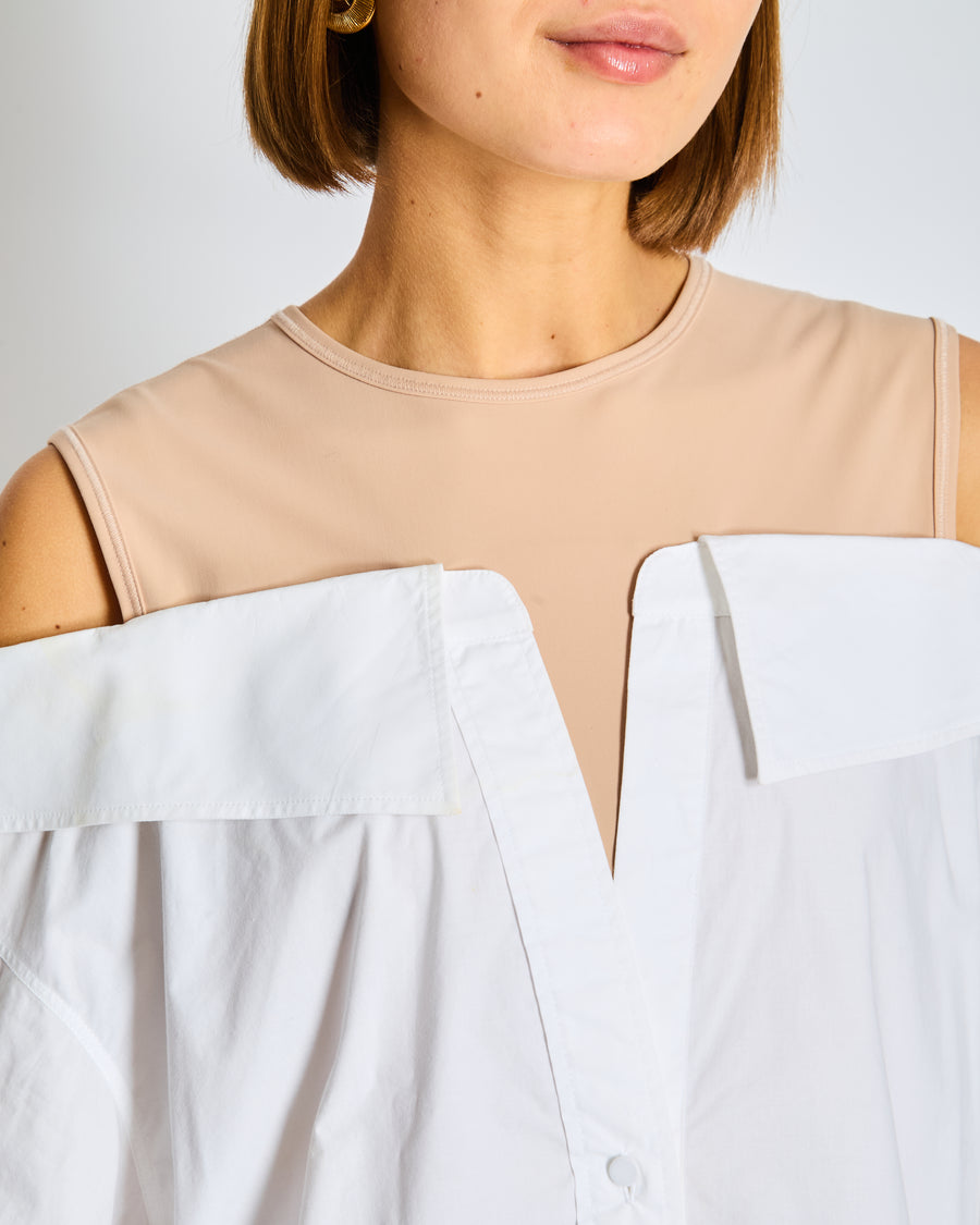 Valentino White Off the Shoulder Cotton Button Down Shirt with Nude Lining Size IT 42 (UK 10)