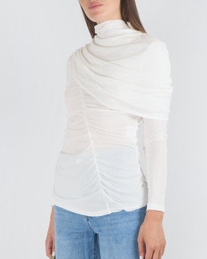 Magda Butrym White Long-Sleeve Jersey Ruched Top with Drape Detail Size FR 36 (UK 8) RRP £750