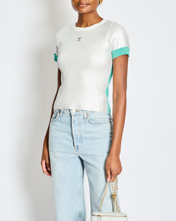 Chanel Cruise 2025 Silver Metallic and Green Ribbed Short-Sleeve Top with Crystal CC Logo Detail Size FR 40 (UK 12)