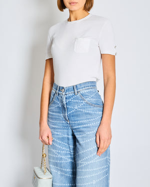 Chanel White Ribbed Knit Short Sleeve Top with Pocket Flower Embroidery Detail Size FR 36 (UK 8)