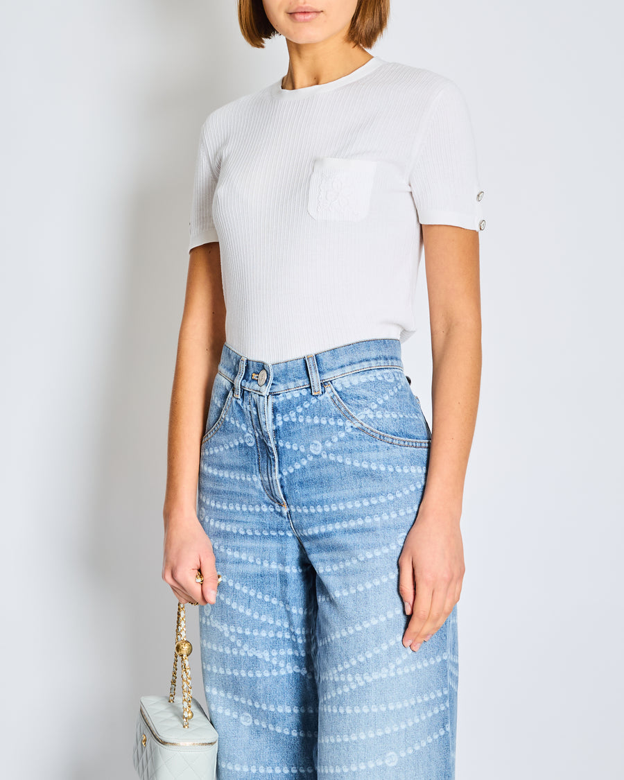 Chanel White Ribbed Knit Short Sleeve Top with Pocket Flower Embroidery Detail Size FR 36 (UK 8)