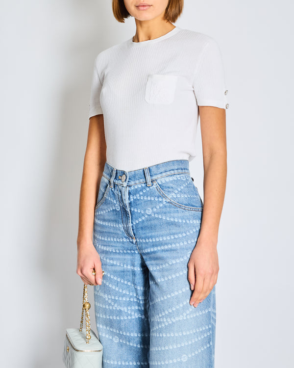 Chanel White Ribbed Knit Short Sleeve Top with Pocket Flower Embroidery Detail Size FR 36 (UK 8)
